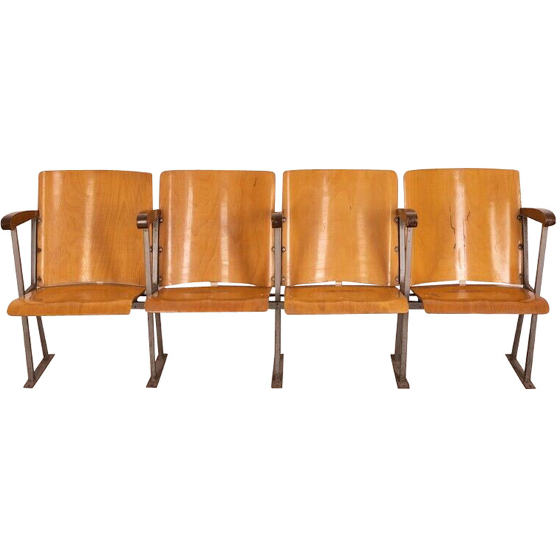 Juego de 4 sillas de cine vintage de metal y madera, Italia 1960