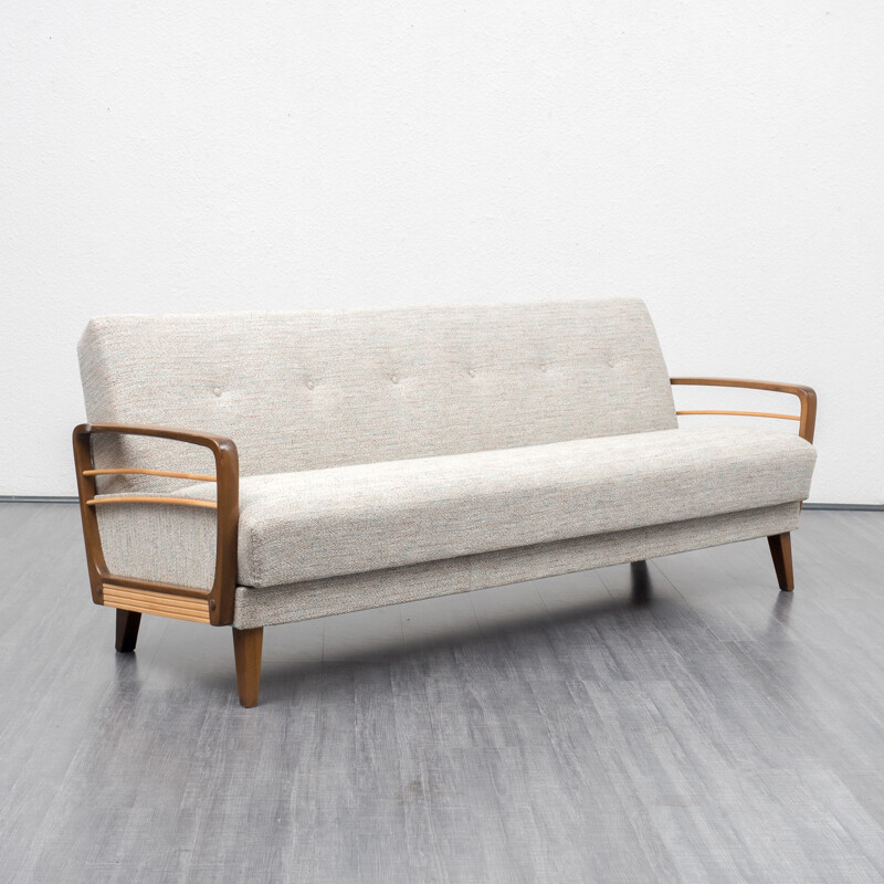 Grey convertible sofa with solid beechwood legs - 1960s