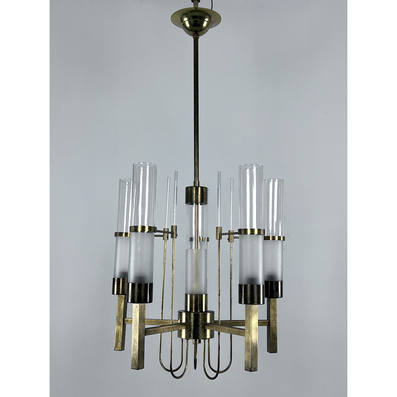 Vintage brass and glass chandelier for Sciolari, Italy 1960