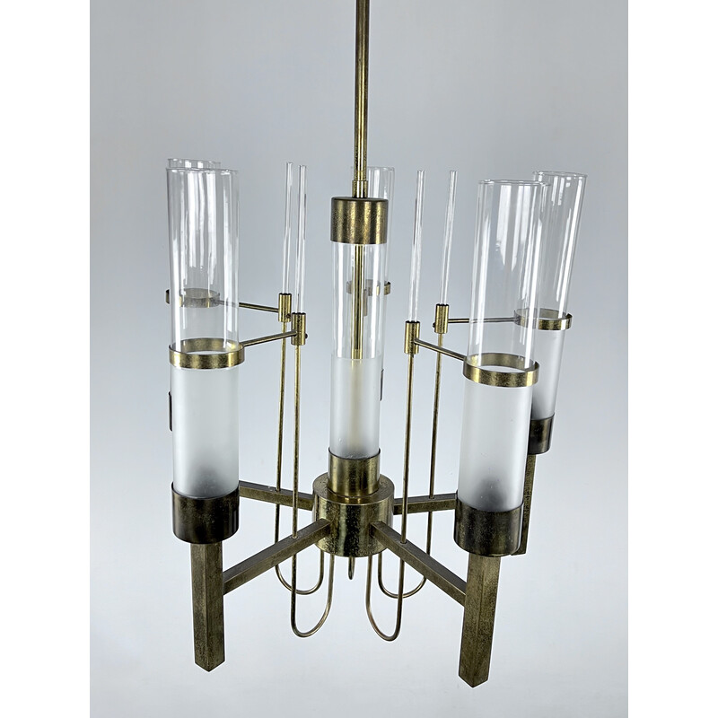 Vintage brass and glass chandelier for Sciolari, Italy 1960