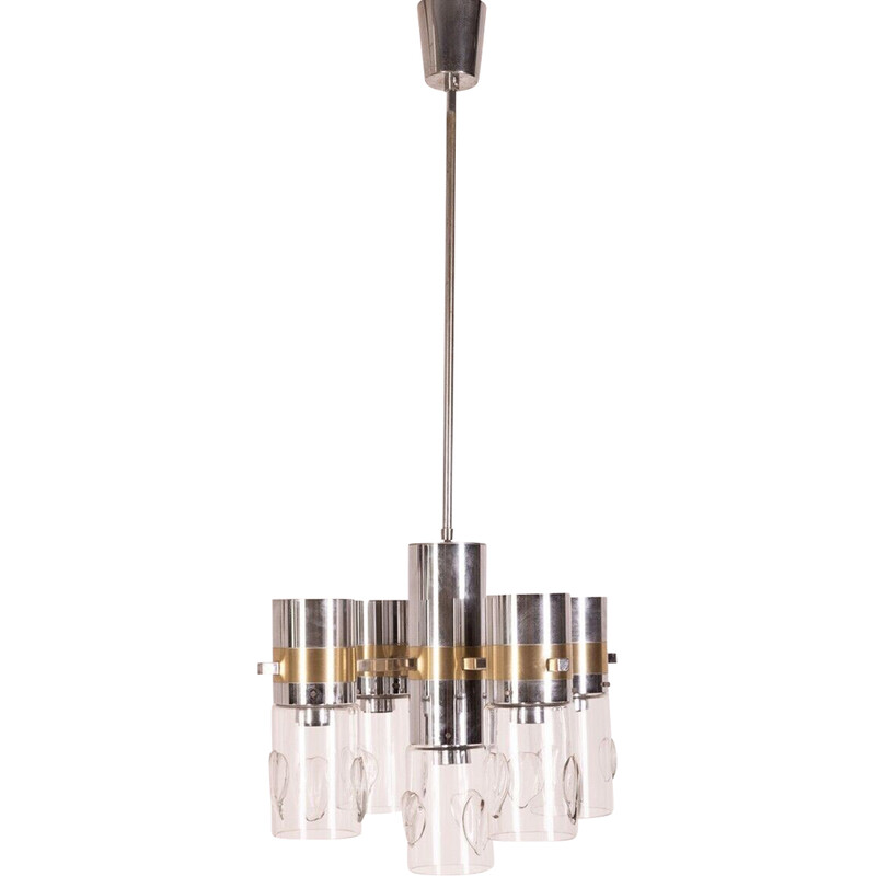 Vintage chandelier in chromed metal and glass by Gaetano Sciolari, 1970