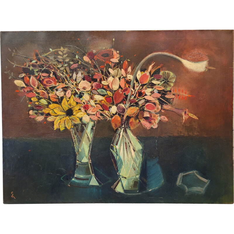 Vintage schilderij "Stilleven met bloemen" van Eugène Biel, Oostenrijk 1952