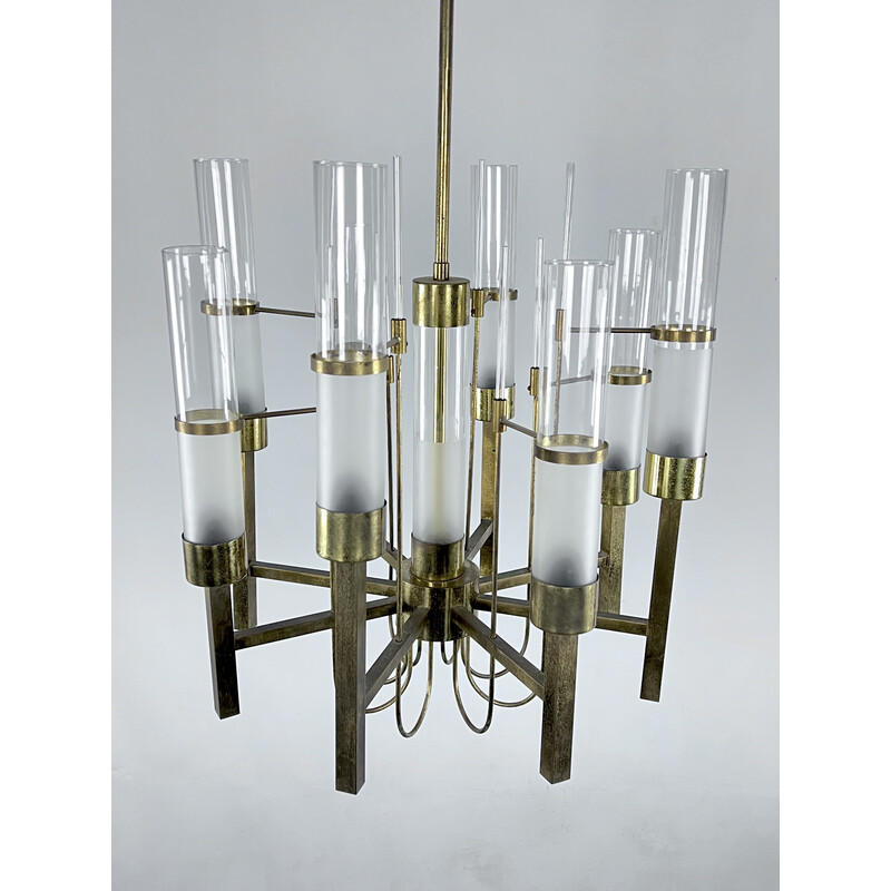 Vintage brass and glass chandelier for Sciolari, Italy 1960