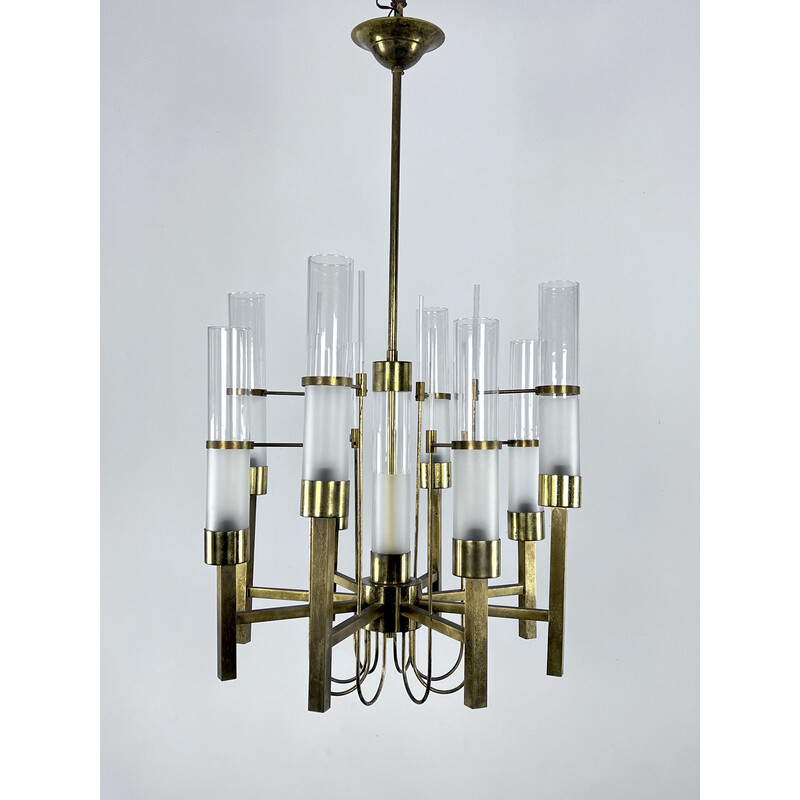 Vintage brass and glass chandelier for Sciolari, Italy 1960