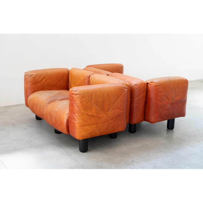 Ensemble de salon vintage en cuir orange par Mario Marenco pour Arflex, 1970