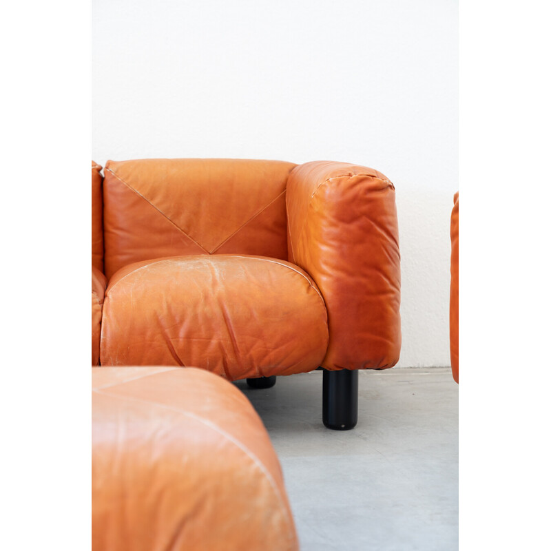 Vintage living room set in orange leather by Mario Marenco for Arflex, 1970