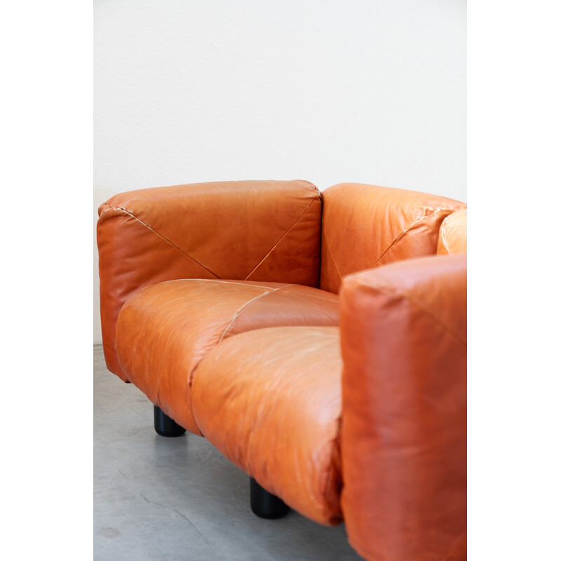 Vintage living room set in orange leather by Mario Marenco for Arflex, 1970