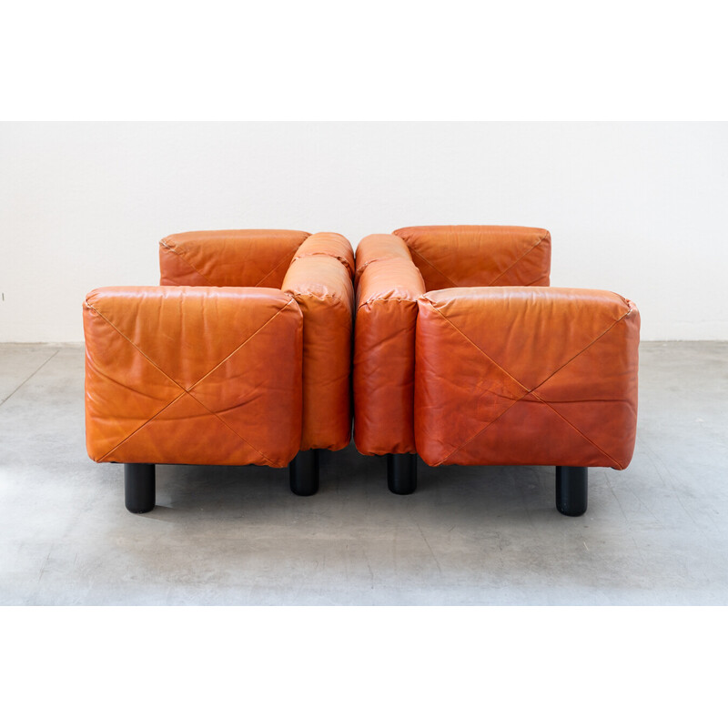 Vintage living room set in orange leather by Mario Marenco for Arflex, 1970