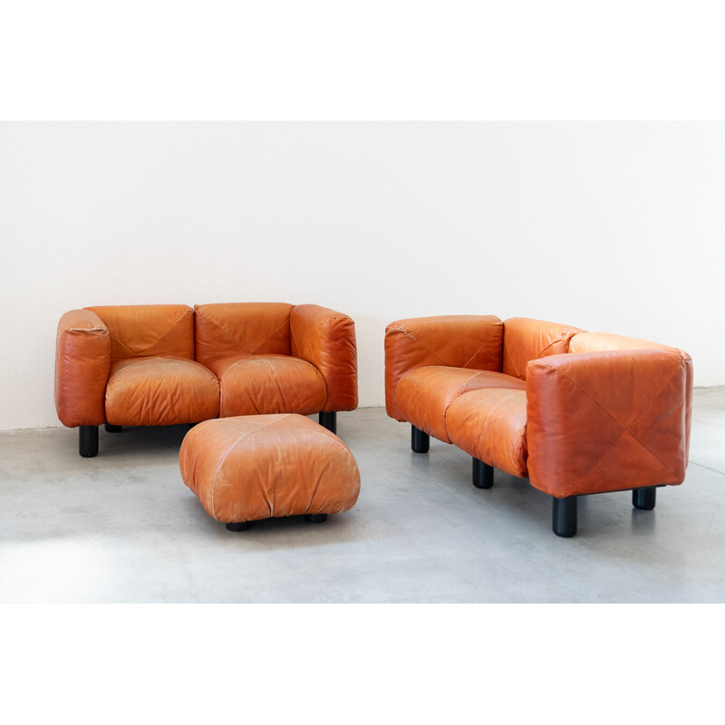 Vintage living room set in orange leather by Mario Marenco for Arflex, 1970