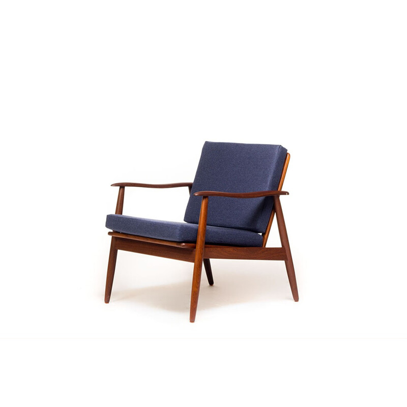 Blue vintage Danish easy chair in teak and wool - 1960s