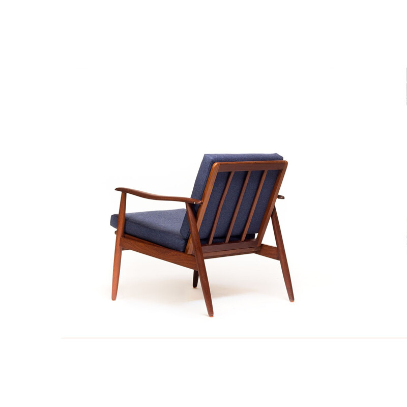 Blue vintage Danish easy chair in teak and wool - 1960s