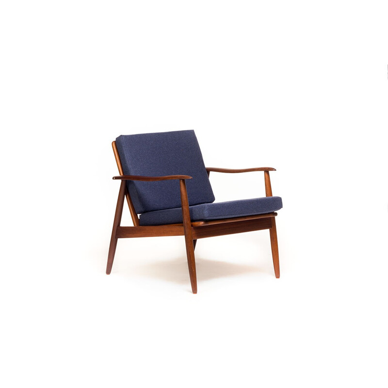 Blue vintage Danish easy chair in teak and wool - 1960s