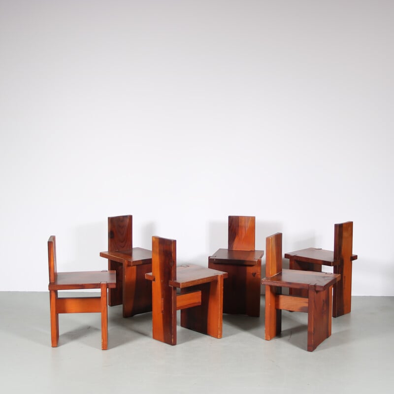 Set of 6 vintage pine chairs, France 1960