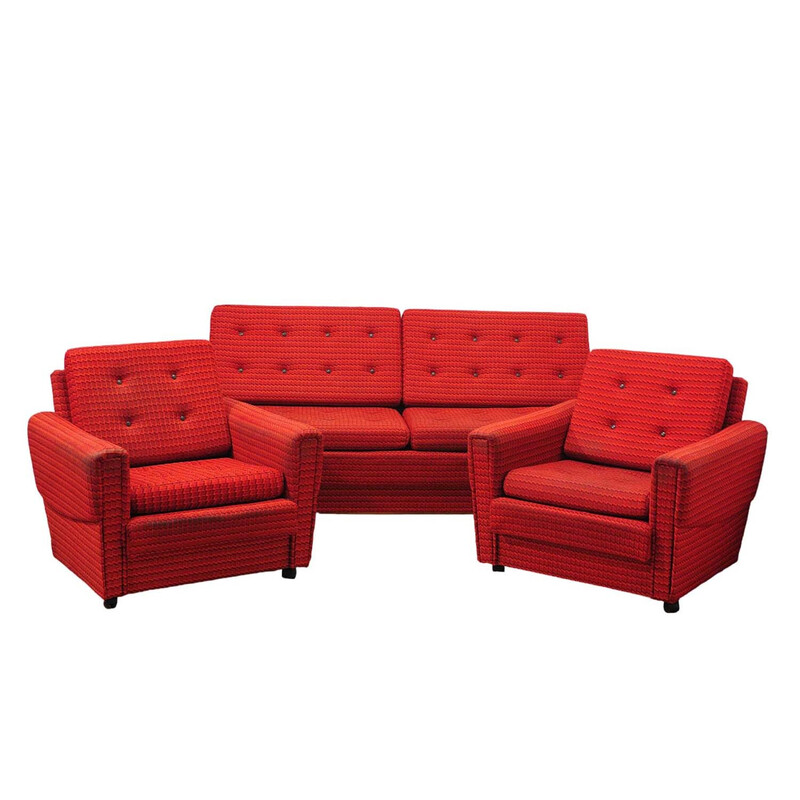 Vintage living room set in red fabric, Czechoslovakia 1970