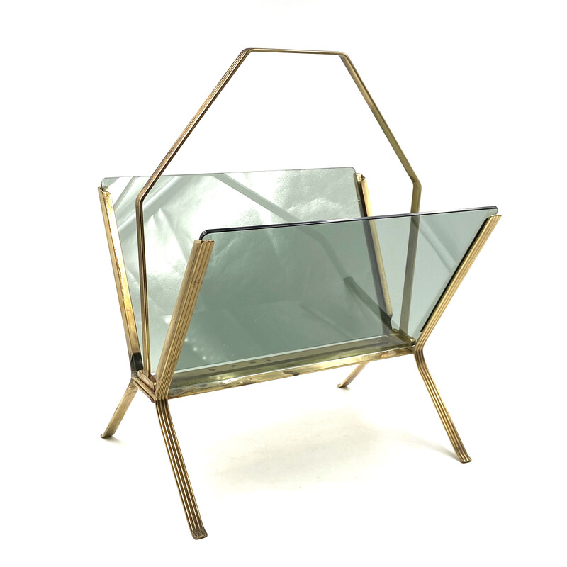 Vintage smoked glass and brass magazine rack by Cesare Lacca, Italy 1950