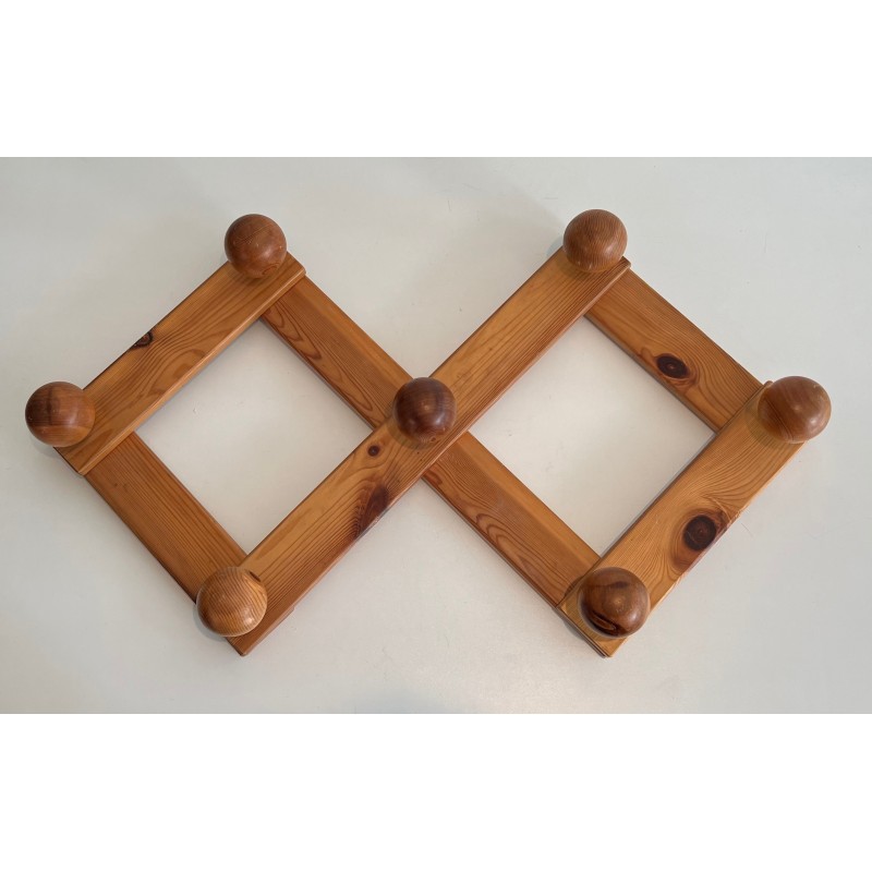 Vintage wall-mounted fir accordion coat rack, France 1950