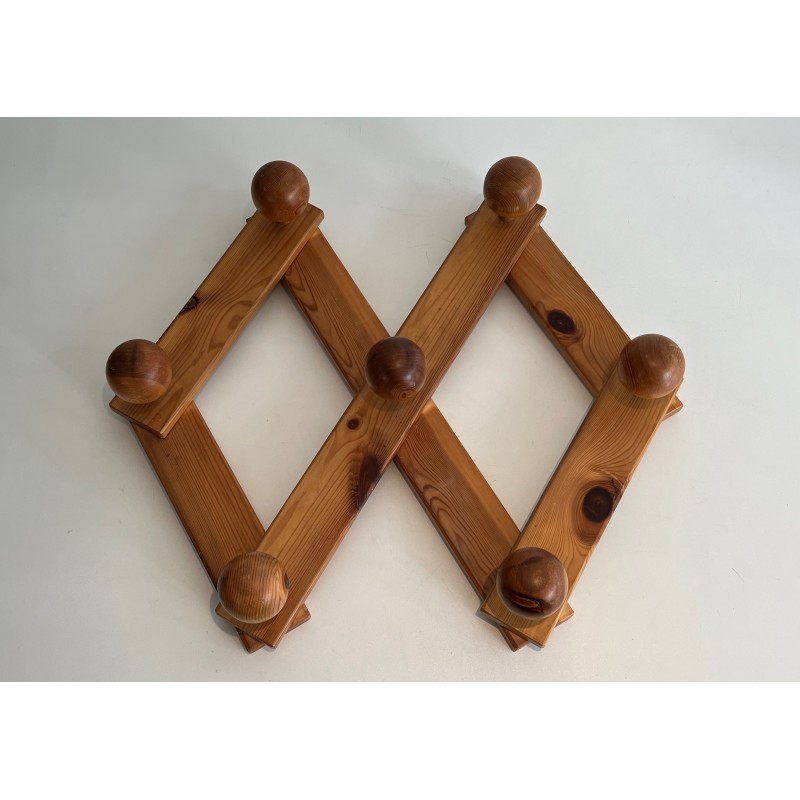 Vintage wall-mounted fir accordion coat rack, France 1950