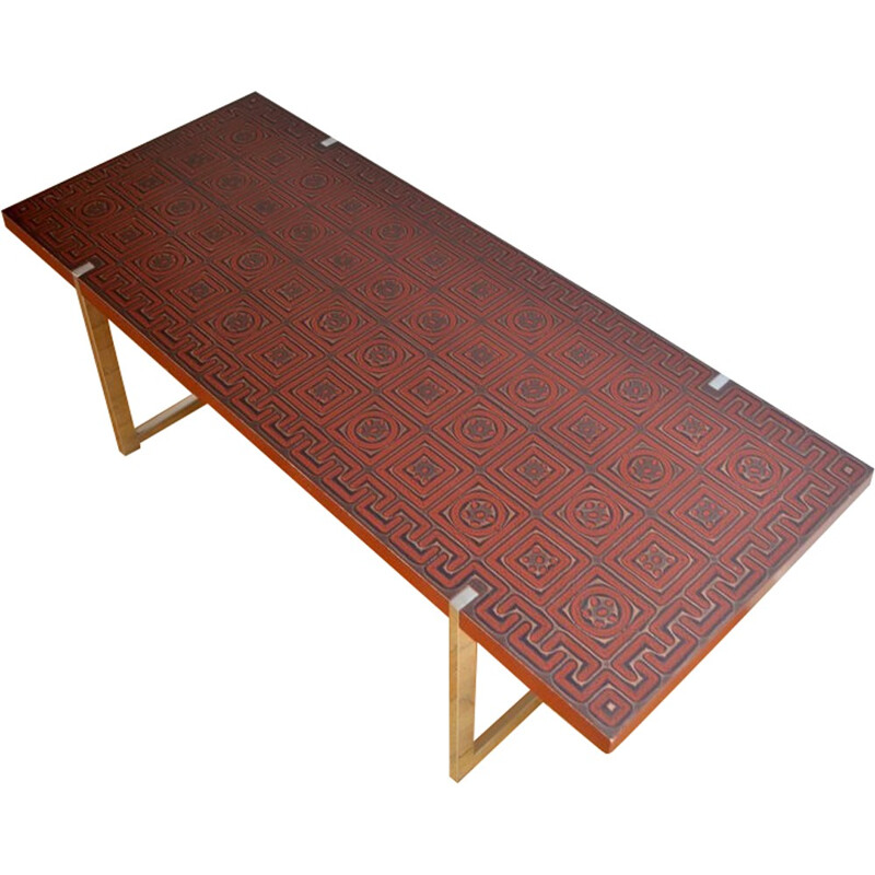 Large red vintage coffee table in wood and metal - 1970s