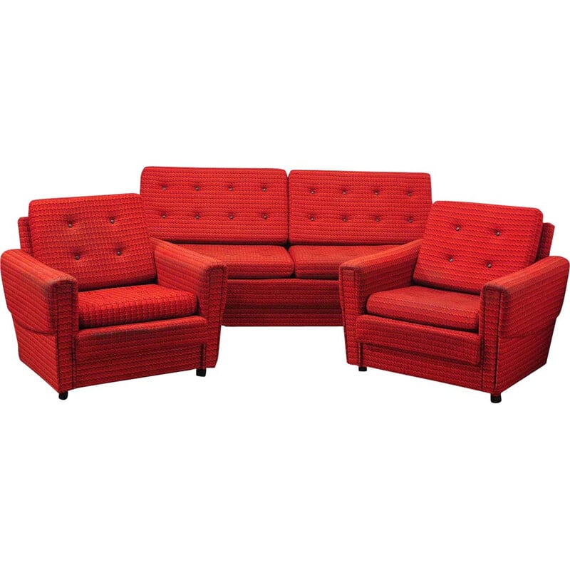 Vintage living room set in red fabric, Czechoslovakia 1970
