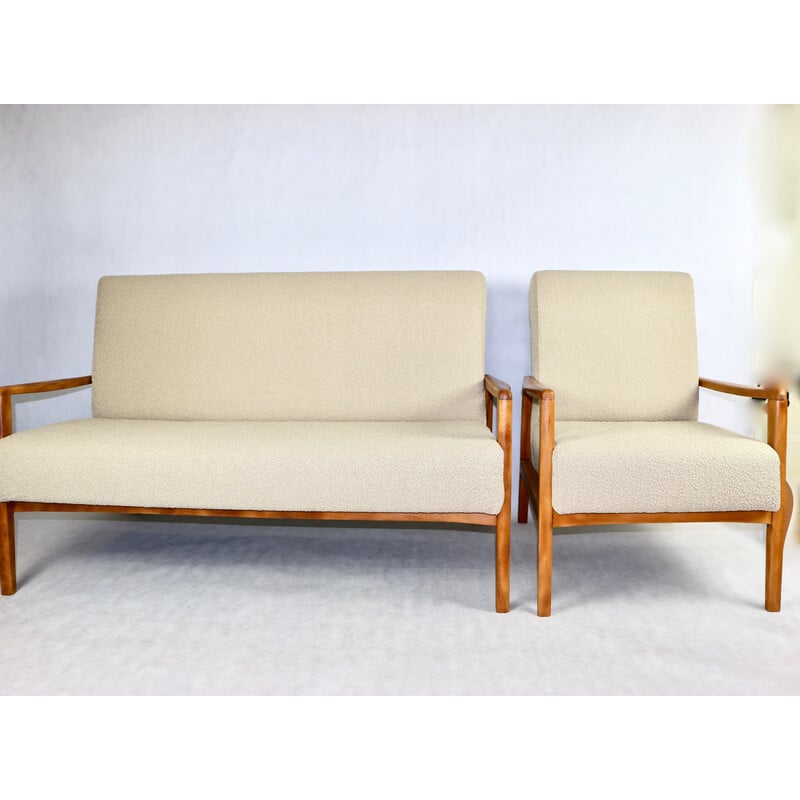 Vintage sofa with beige loop armchair, 1970