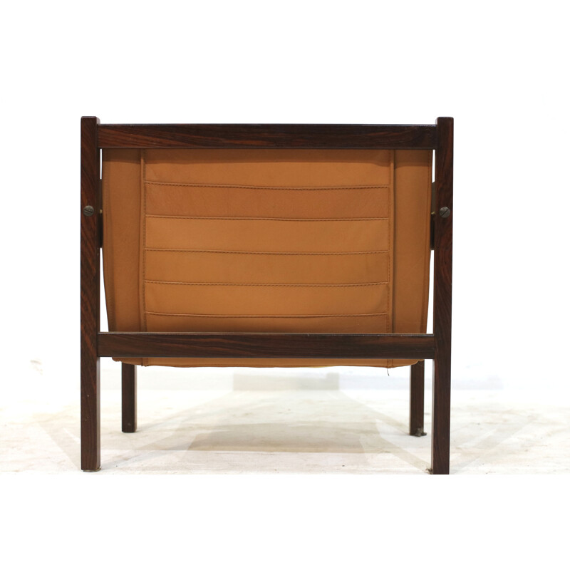 Rosewood and camel leather magazine rack - 1960s