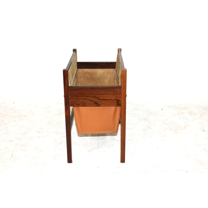Rosewood and camel leather magazine rack - 1960s