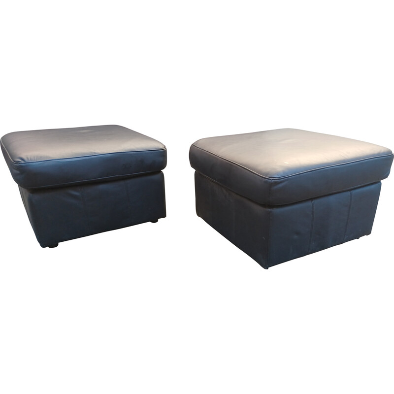 Pair of vintage black leather poufs