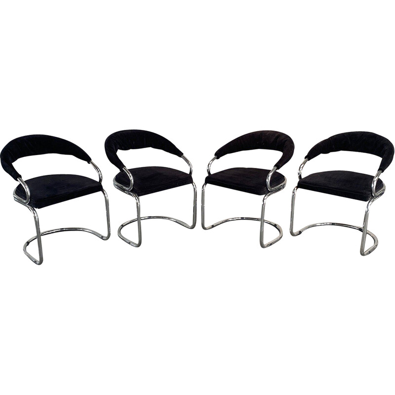 Set van 4 vintage zwart fluwelen stoelen van Giotto Stoppino voor Kartell, Italië 1970