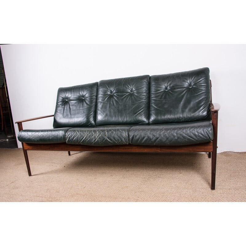 Canapé vintage en palissandre et cuir par Grete Jalk pour Poul Jepessen, Danemark 1960