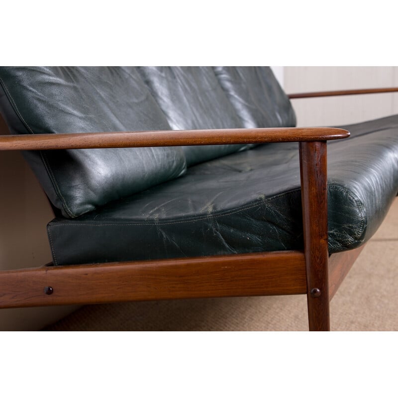 Vintage rosewood and leather sofa by Grete Jalk for Poul Jepessen, Denmark 1960