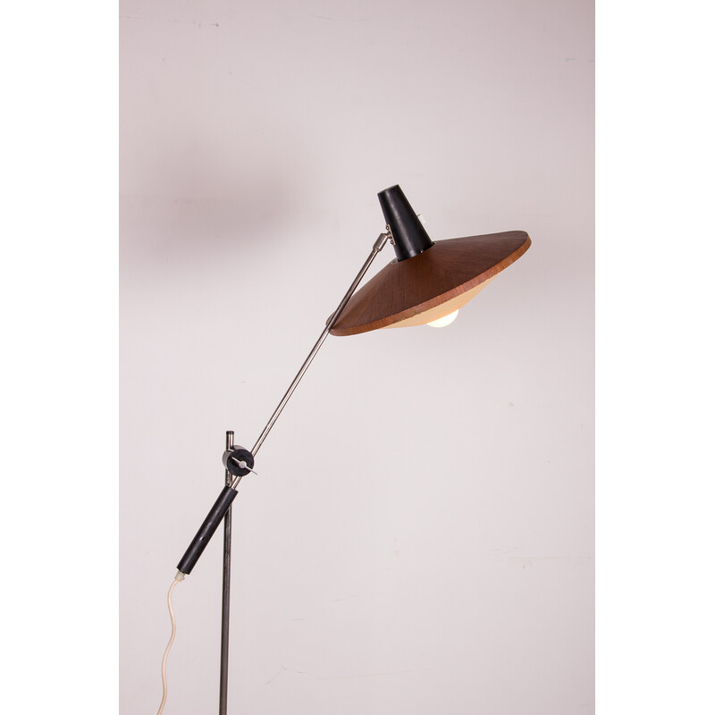 Vintage steel and teak floor lamp by Georges Frydman, France 1960