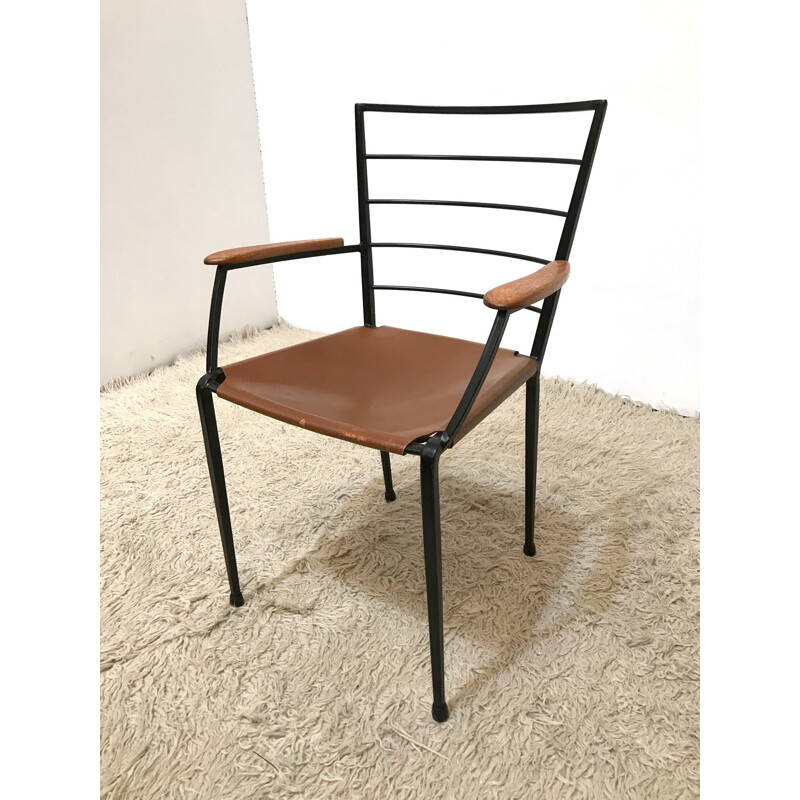 Staples Ladderax metal and leather dining chair Heals - 1960s