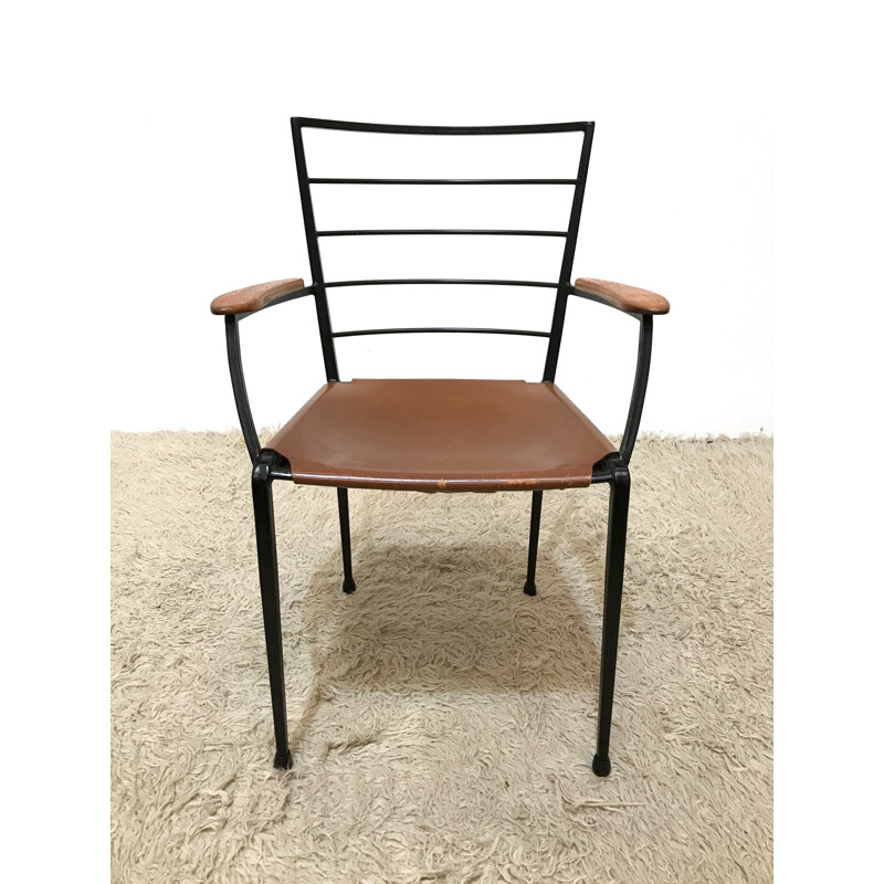 Staples Ladderax metal and leather dining chair Heals - 1960s