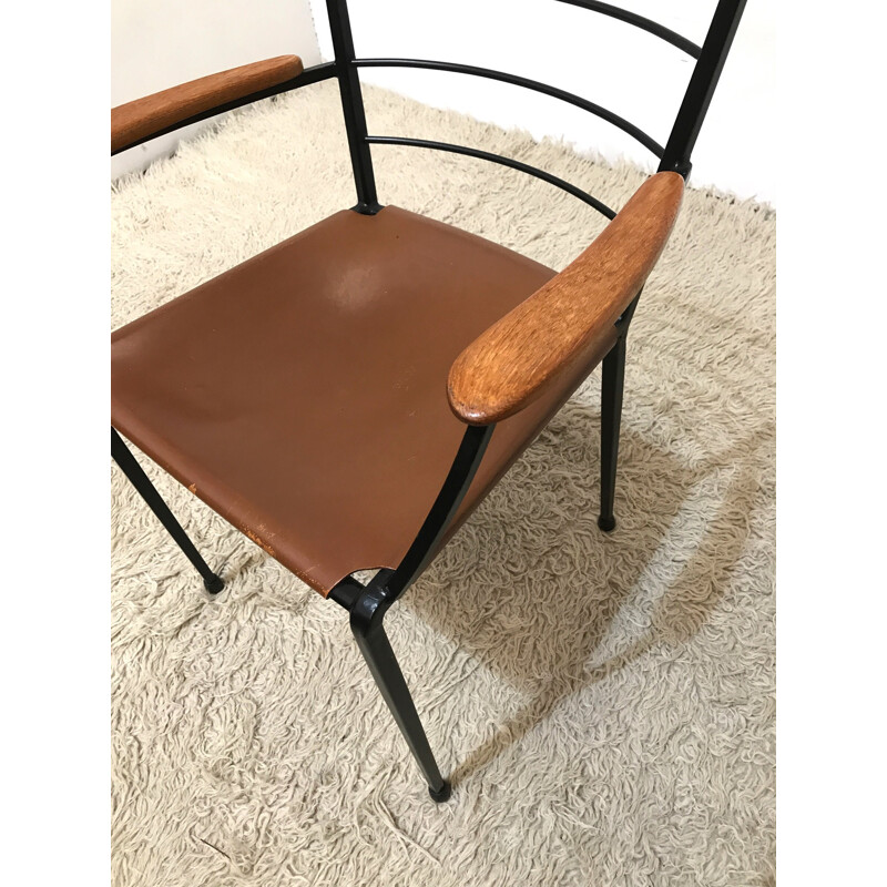 Staples Ladderax metal and leather dining chair Heals - 1960s