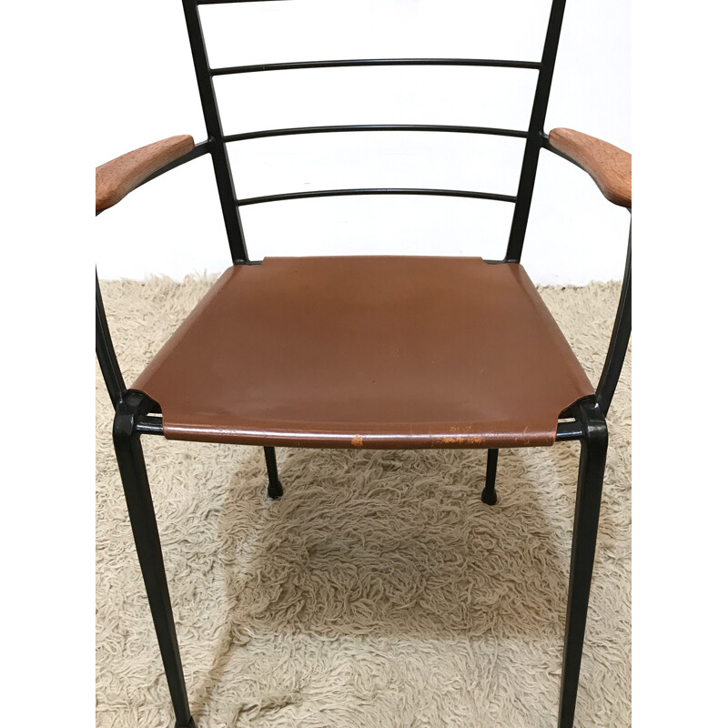 Staples Ladderax metal and leather dining chair Heals - 1960s