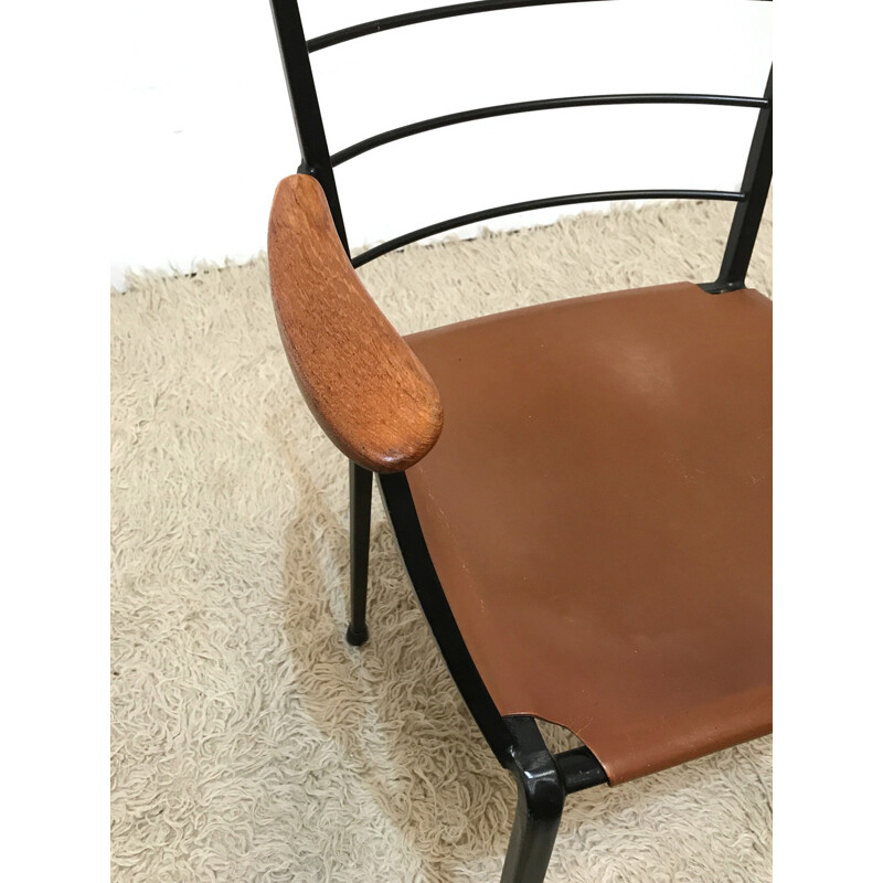 Staples Ladderax metal and leather dining chair Heals - 1960s