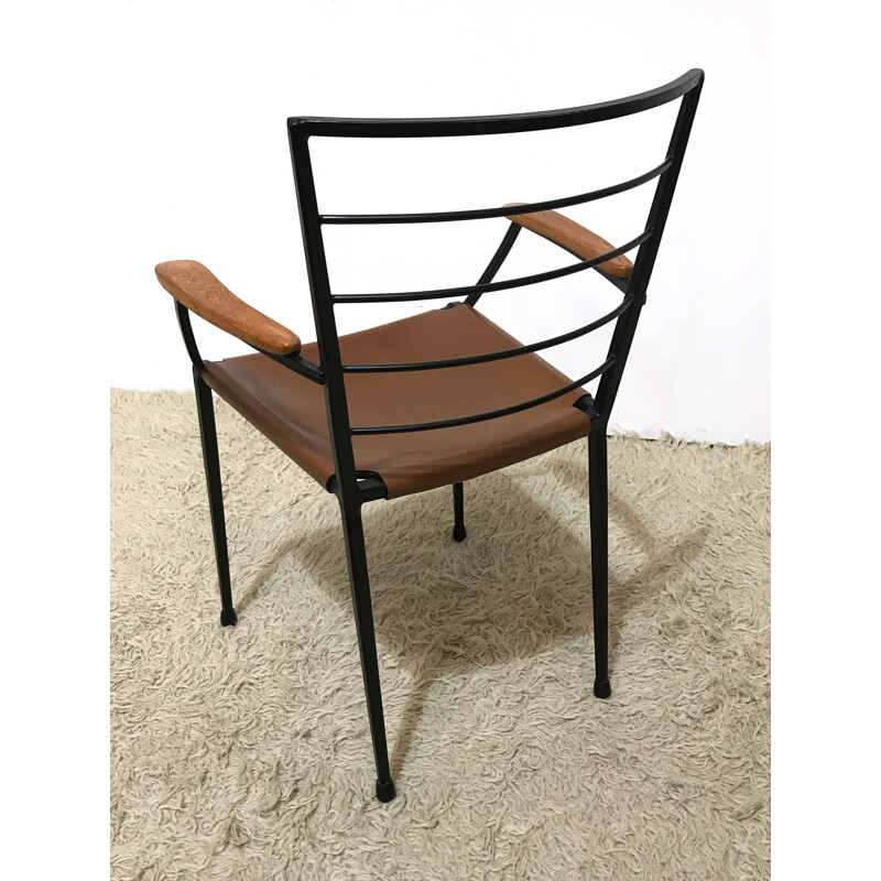 Chaise de salle à manger en agrafes Ladderax et en métal et en cuir - 1960