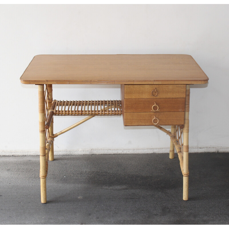 Rattan and veneer oak desk by Louis Sognot - 1950s