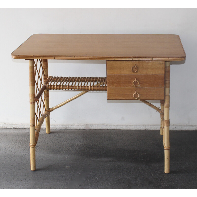 Rattan and veneer oak desk by Louis Sognot - 1950s