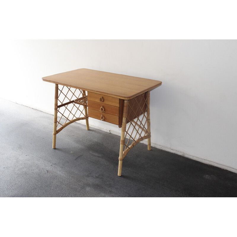 Rattan and veneer oak desk by Louis Sognot - 1950s