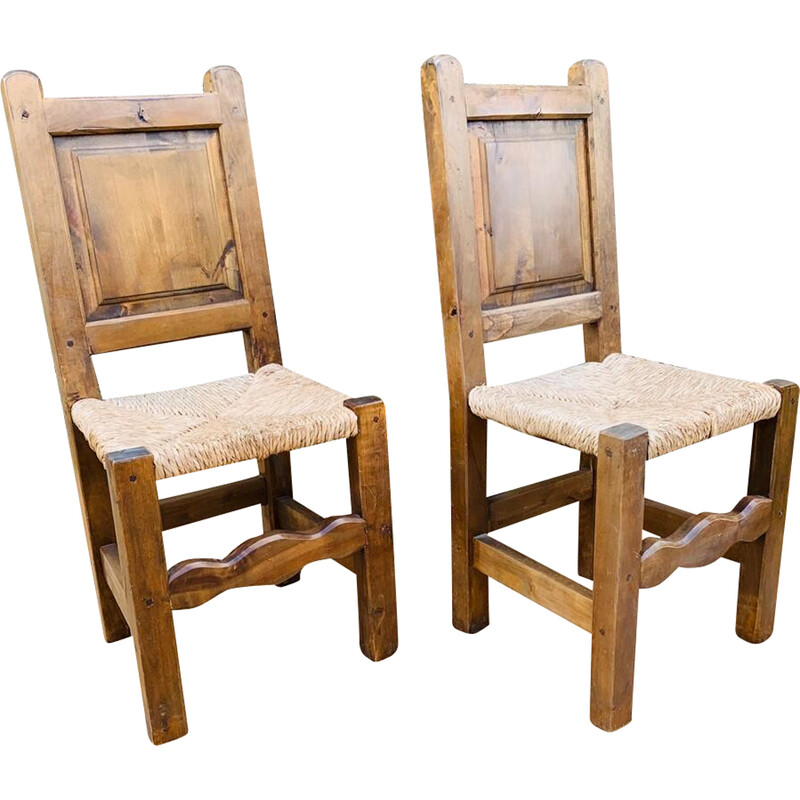 Pair of vintage wood and straw chairs