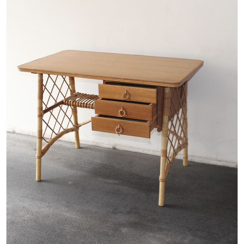 Rattan and veneer oak desk by Louis Sognot - 1950s