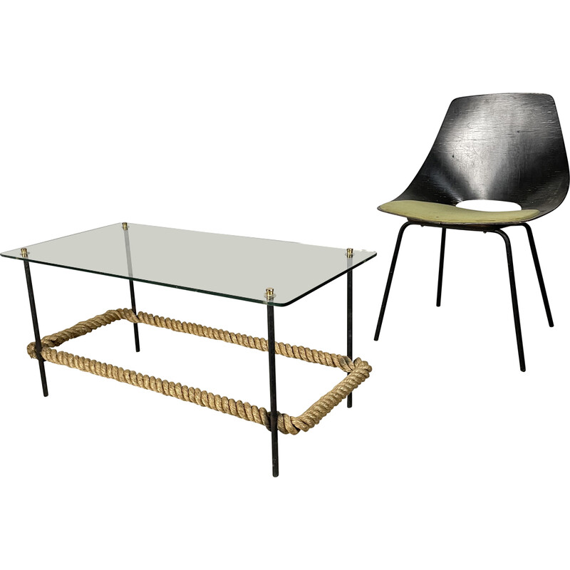 Vintage steel and glass coffee table by Audoux-Minet, 1950