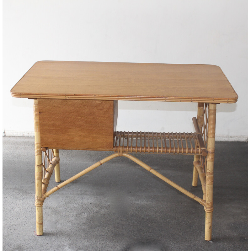 Rattan and veneer oak desk by Louis Sognot - 1950s