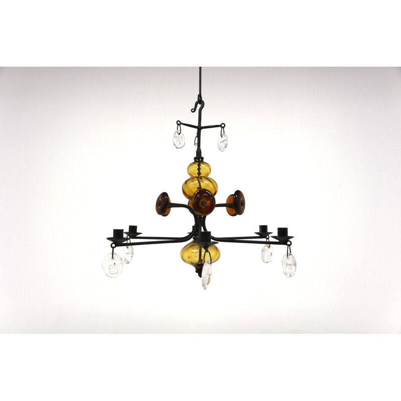 Vintage glass chandelier by Erik Höglund for Boda Glasbruk and Smide, Sweden 1970s