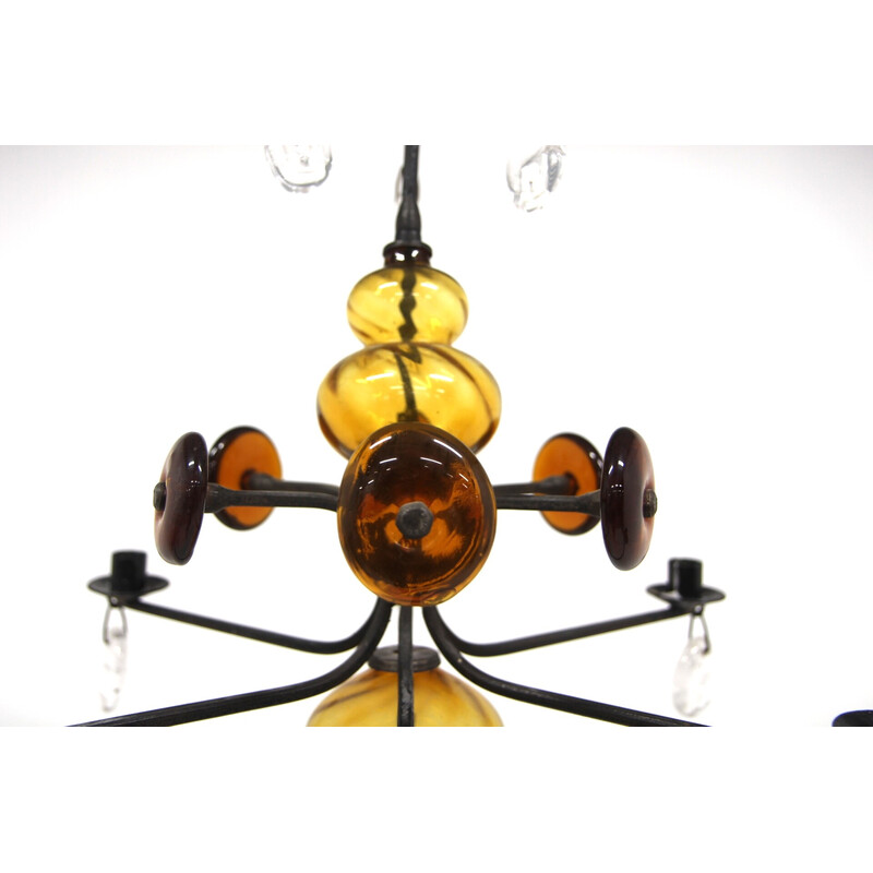 Vintage glass chandelier by Erik Höglund for Boda Glasbruk and Smide, Sweden 1970s