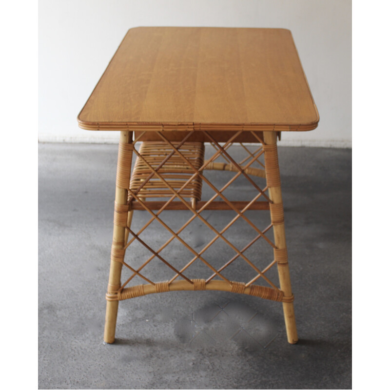 Rattan and veneer oak desk by Louis Sognot - 1950s