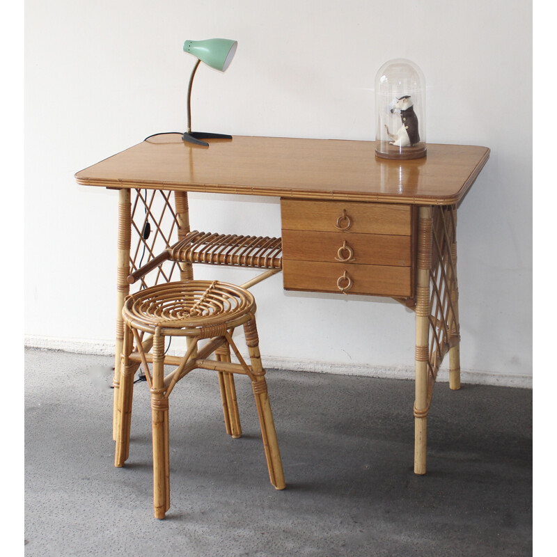 Rattan and veneer oak desk by Louis Sognot - 1950s