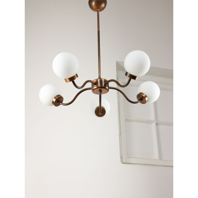 Vintage metal and opaline glass chandelier, 1970