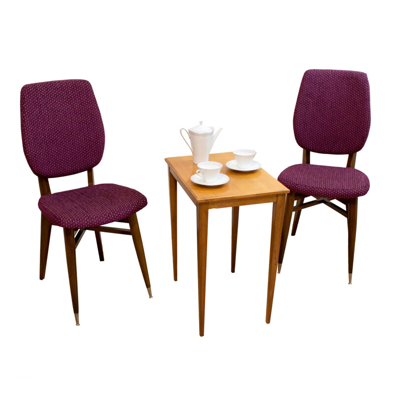 Pair of chairs walnut structure and purple fabric, France - 1960s
